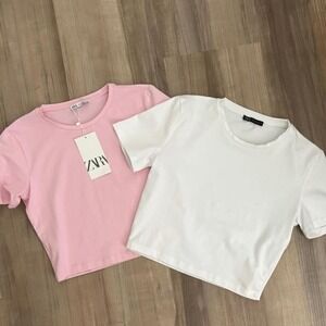 Zara pink and white crop tops set of 2 Size M #croptops #fashion